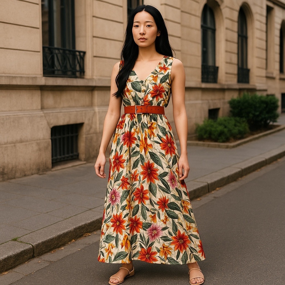 Floral V-Neck Maxi Dress in Multicolor